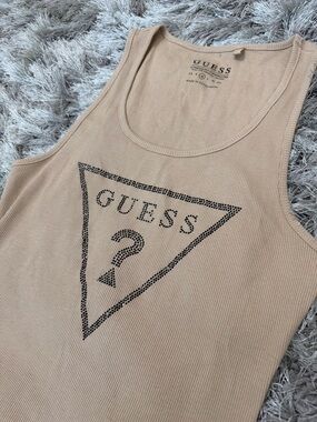 GUESS Women's Tan Logo Ribbed Rhinestone Tank Top